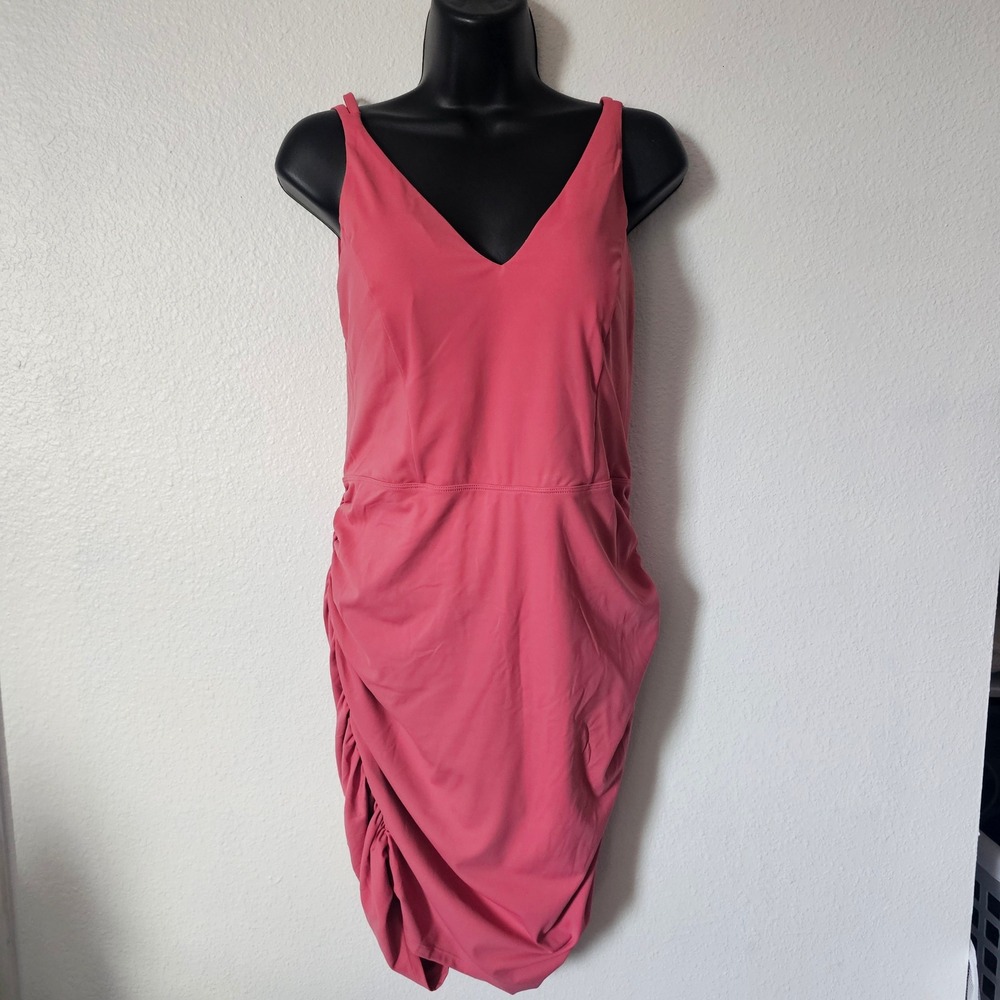 Halara Women XL Coral Pink Ruched Bodycon Dress Strappy Open Back V-Neck Mini